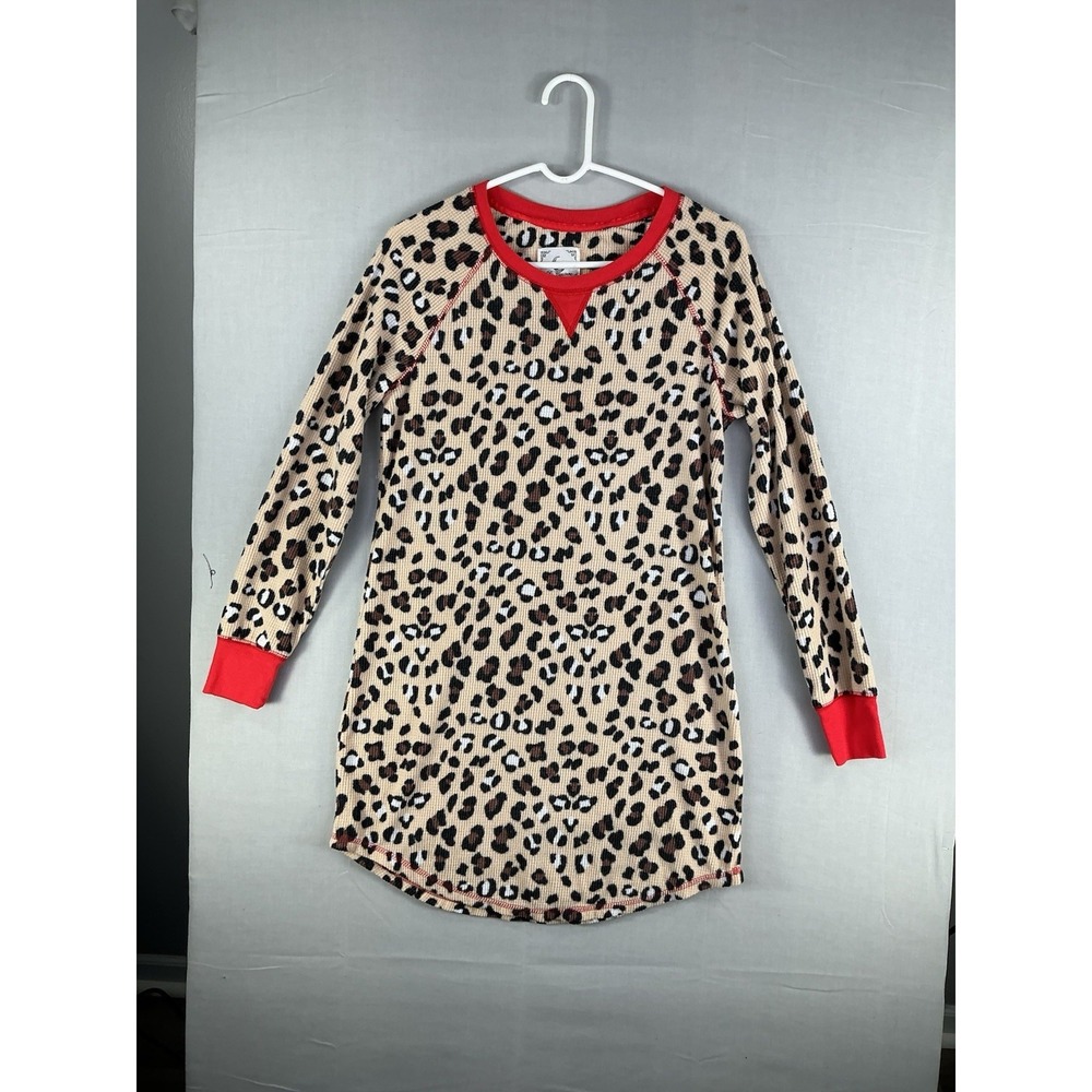Leopard Print Waffle Knit Sleepwear Tunic Top Long Sleeve Womens M